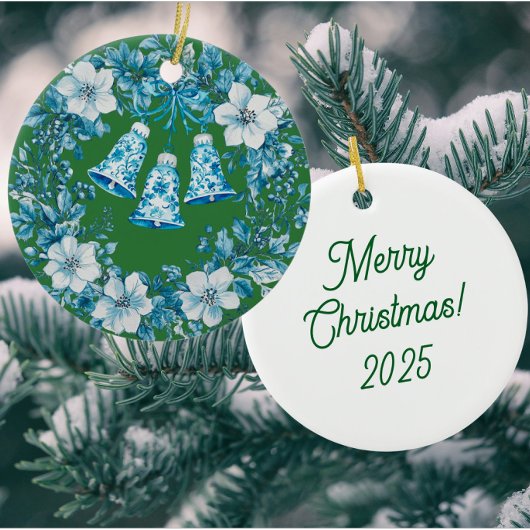 Personalized Chinoiserie Blue White Wreath Bells Keramisch Ornament