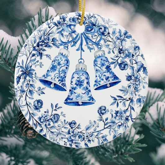 Personalized Chinoiserie Blue White Wreath Bells Keramisch Ornament