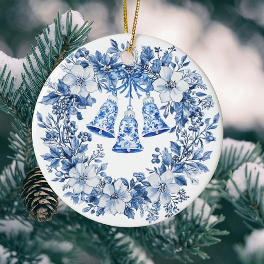 Personalized Chinoiserie Blue White Wreath Bells Keramisch Ornament