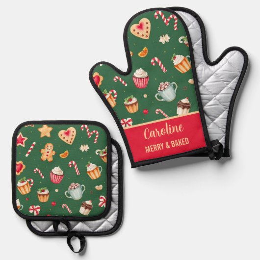 Personalized Christmas Baking Pattern Ovenwant & Pannenlap Set (Voorkant / Achterkant)