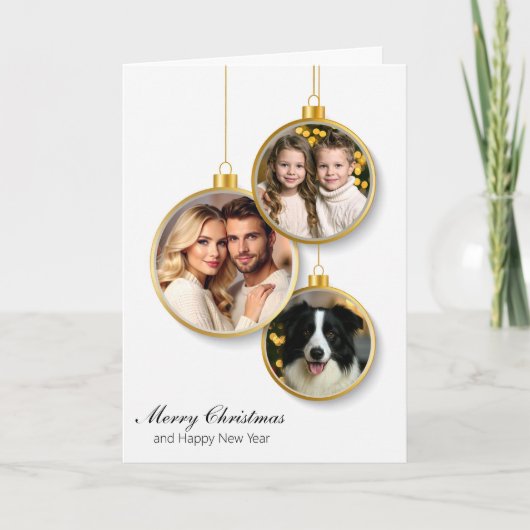 Personalized Christmas Card with Hanging Ornaments Feestdagen Kaart (Voorkant)