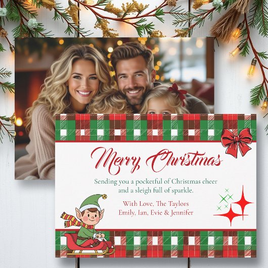 Personalized Christmas Elf and Plaid Sparkles Feestdagenkaart