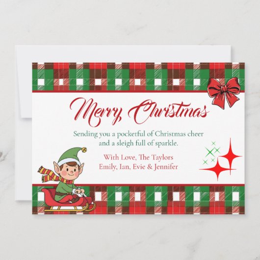 Personalized Christmas Elf and Plaid Sparkles Feestdagenkaart (Voorkant)