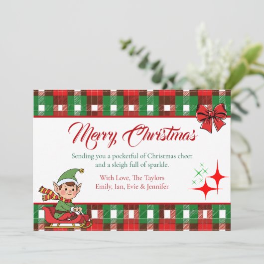 Personalized Christmas Elf and Plaid Sparkles Feestdagenkaart (Staand voorkant)