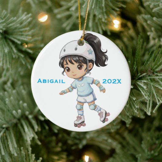 Personalized Christmas Girl Roller Skating Keramisch Ornament (Boom)