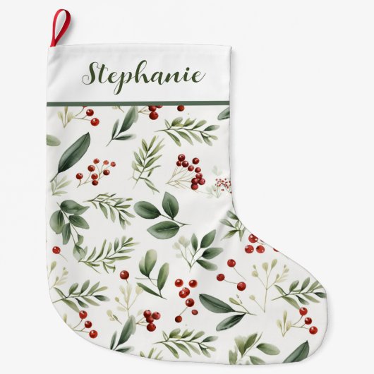 Personalized Christmas Greenery & Red Berries Grote Kerstsok (Voorkant)