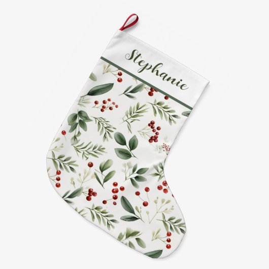 Personalized Christmas Greenery & Red Berries Grote Kerstsok (Voorkant (Hangend))