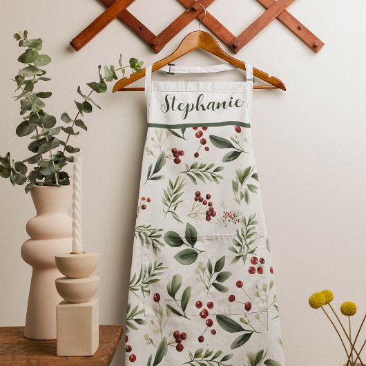 Personalized Christmas Greenery & Red Berries Schort