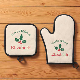 Personalized Christmas Holiday Kitchen Holly Berry Ovenwant & Pannenlap Set