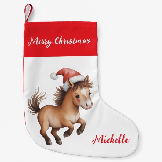 Personalized Christmas horse in Santa hat Kleine Kerstsok (Voorkant)