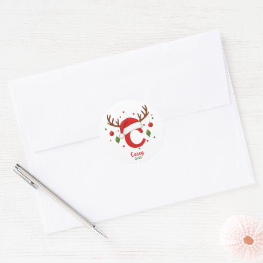 Personalized Christmas Monogram C Santa Hat Ronde Sticker (Envelop)