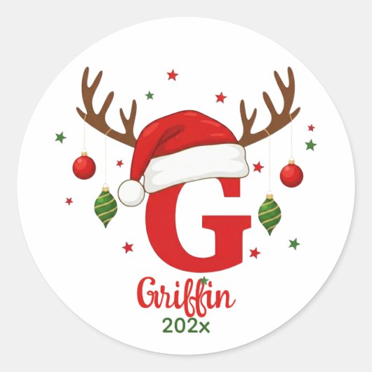 Personalized Christmas Monogram G Santa Hat Ronde Sticker (Voorkant)