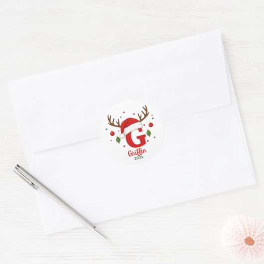 Personalized Christmas Monogram G Santa Hat Ronde Sticker (Envelop)