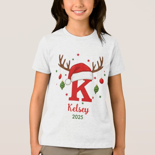 Personalized Christmas Monogram K Santa Hat Tri-Blend Shirt (Voorkant)