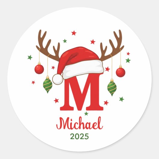 Personalized Christmas Monogram M Santa Hat Ronde Sticker (Voorkant)