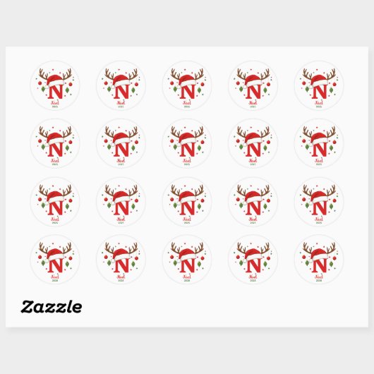 Personalized Christmas Monogram N Santa Hat Ronde Sticker (Vel)