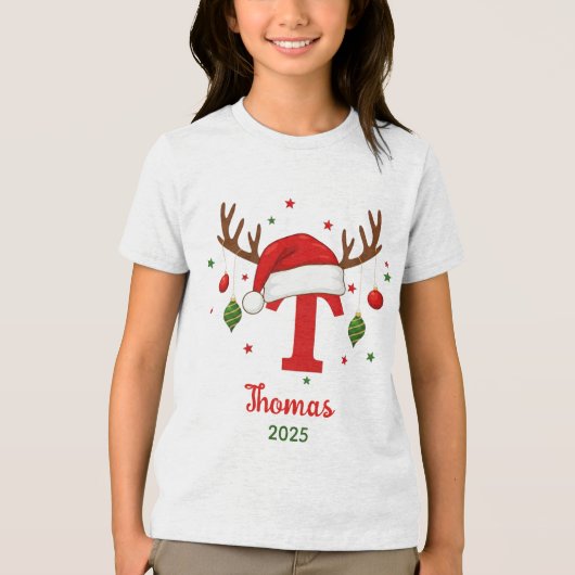 Personalized Christmas Monogram T Santa Hat Tri-Blend Shirt (Voorkant)