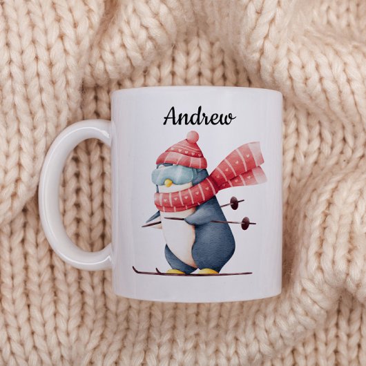 Personalized Christmas Mug With A Skiing Penguin Koffiemok