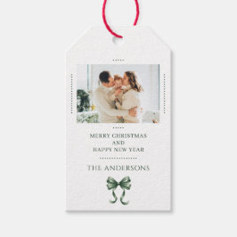 Personalized Christmas Photo Green Bow Modern Cadeaulabel