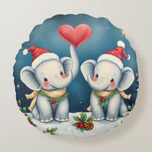 Personalized Christmas Pillow Duo Love Elephants Rond Kussen (Voorkant)
