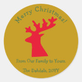 Personalized Christmas Reindeer Head Red and Gold Ronde Sticker (Voorkant)