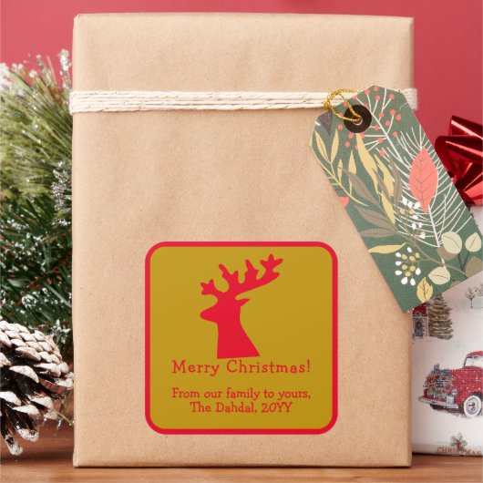 Personalized Christmas Reindeer Head Red and Gold Vierkante Sticker (Feestdagen)