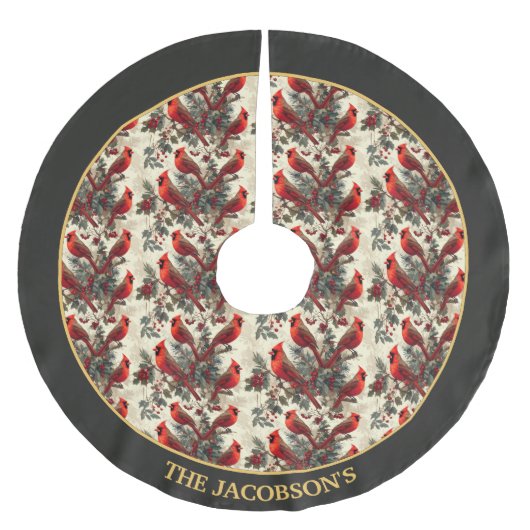 Personalized Christmas Tree Skirt Red Cardinals Kerstboom Rok (Voorkant)