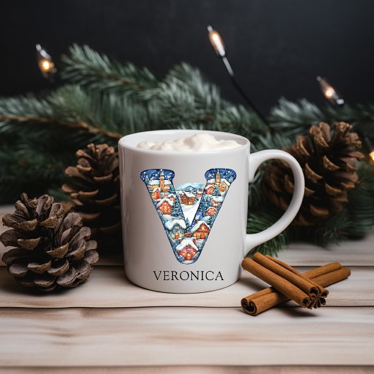 Personalized Christmas Winter Village Monogram V Koffiemok