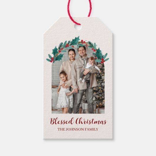 Personalized Christmas Wreath Photo Gift Tag Cadeaulabel (Voorkant)