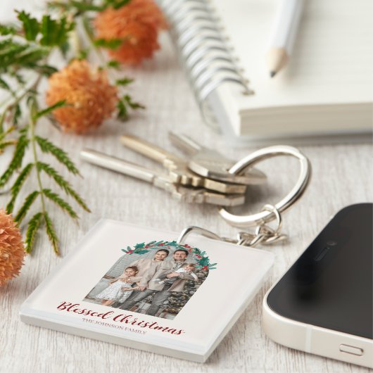 Personalized Christmas Wreath Photo Keychain (Voorkant Rechts)