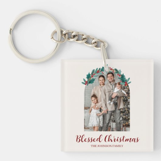 Personalized Christmas Wreath Photo Keychain (voorkant)