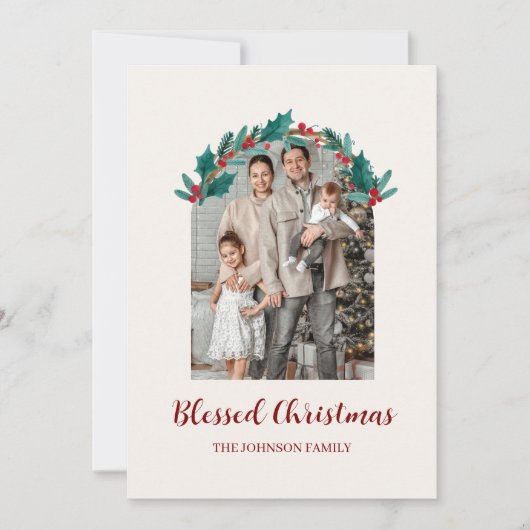 Personalized Christmas Wreath Photo & Name Card (Voorkant)