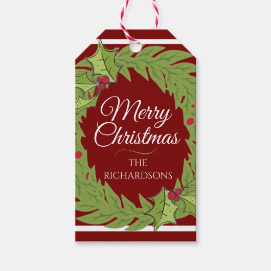Personalized Christmas Wreath Red Gift Tag Cadeaulabel (Voorkant)