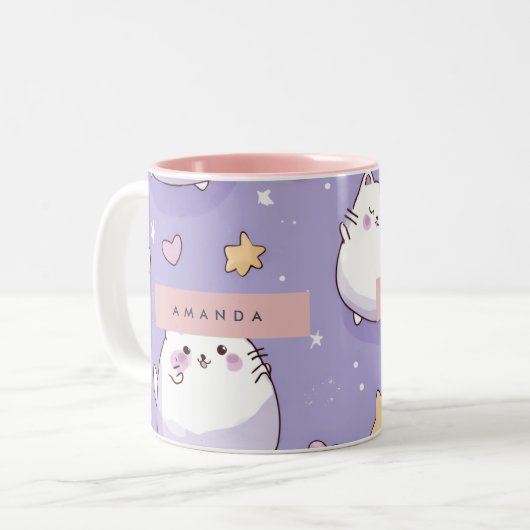 Personalized Chubby Cat & Pastel Star Pattern Tweekleurige Koffiemok (Voorkant links)