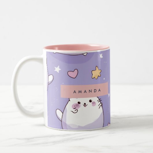 Personalized Chubby Cat & Pastel Star Pattern Tweekleurige Koffiemok (Links)