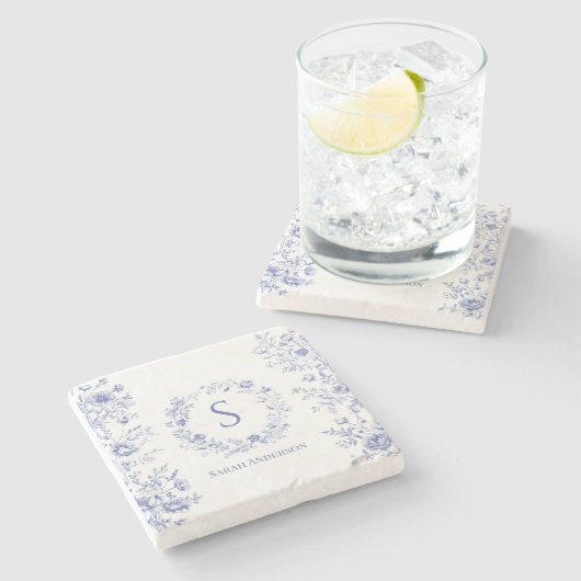 Personalized Classic Blue Flowers Floral Pattern Stenen Onderzetter (Zijkant)