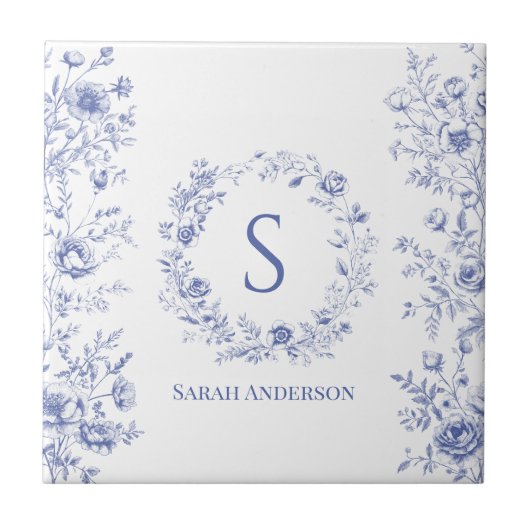Personalized Classic Blue Flowers Floral Pattern Tegeltje (Voorkant)