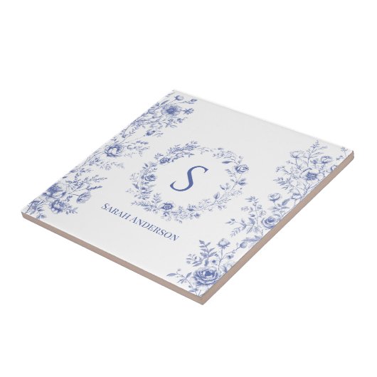 Personalized Classic Blue Flowers Floral Pattern Tegeltje (Zijkant)