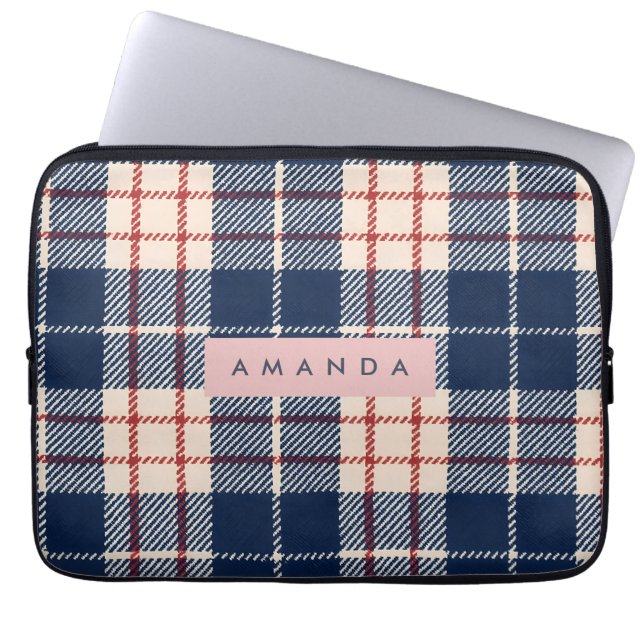 Personalized Classic Navy and Red Plaid Laptop Sleeve (Voorkant)