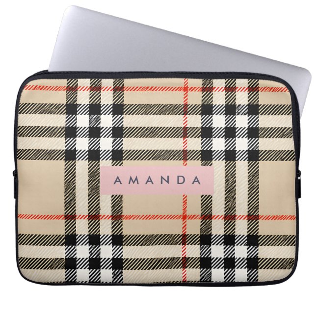 Personalized Classic Tan, Black & Red Plaid Laptop Sleeve (Voorkant)