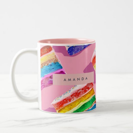 Personalized Colorful Rainbow Cake Slice Tweekleurige Koffiemok (Links)