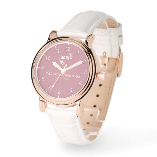 Personalized copule names minimal pink monogram horloge (Hoek)