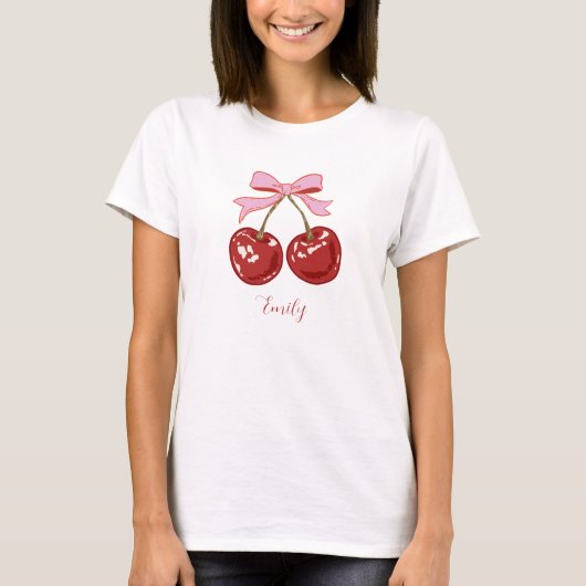 Personalized Coquette Cherry Bow Name T-shirt (Voorkant)