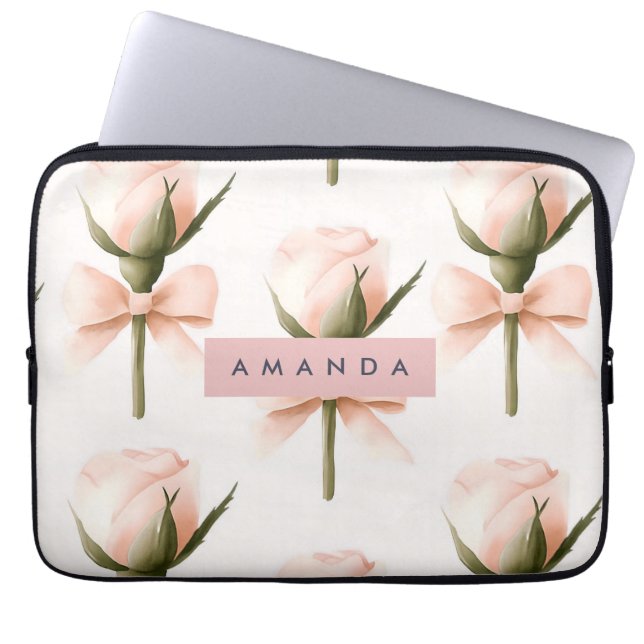 Personalized Coquette Pattern Blush Rose & Bow  Laptop Sleeve (Voorkant)