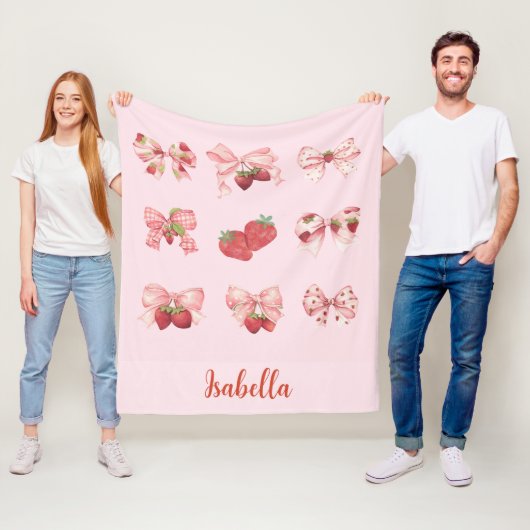 Personalized Coquette Strawberry & Bow  Fleece Bla Deken (In situ)