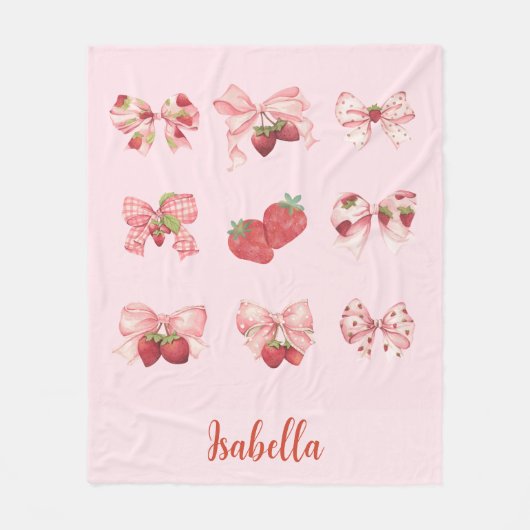 Personalized Coquette Strawberry & Bow Fleece Bla Deken (Voorkant)