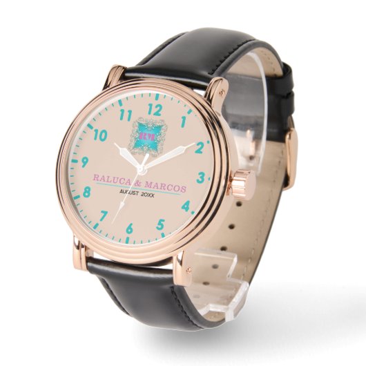 Personalized couple names elegant pink horloge (Hoek)