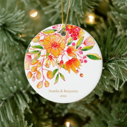 Personalized Couple Names Floral Orange Christmas Keramisch Ornament (Boom)