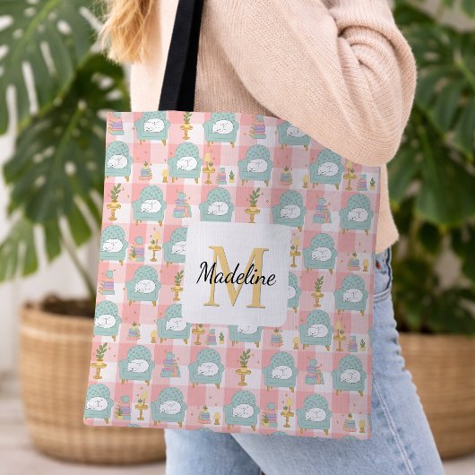 Personalized Cozy Cat & Book Tote Bag Girly Pink