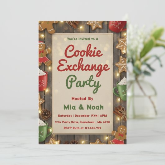 Personalized Cozy Christmas Cookie Exchange Party Kaart (Staand voorkant)